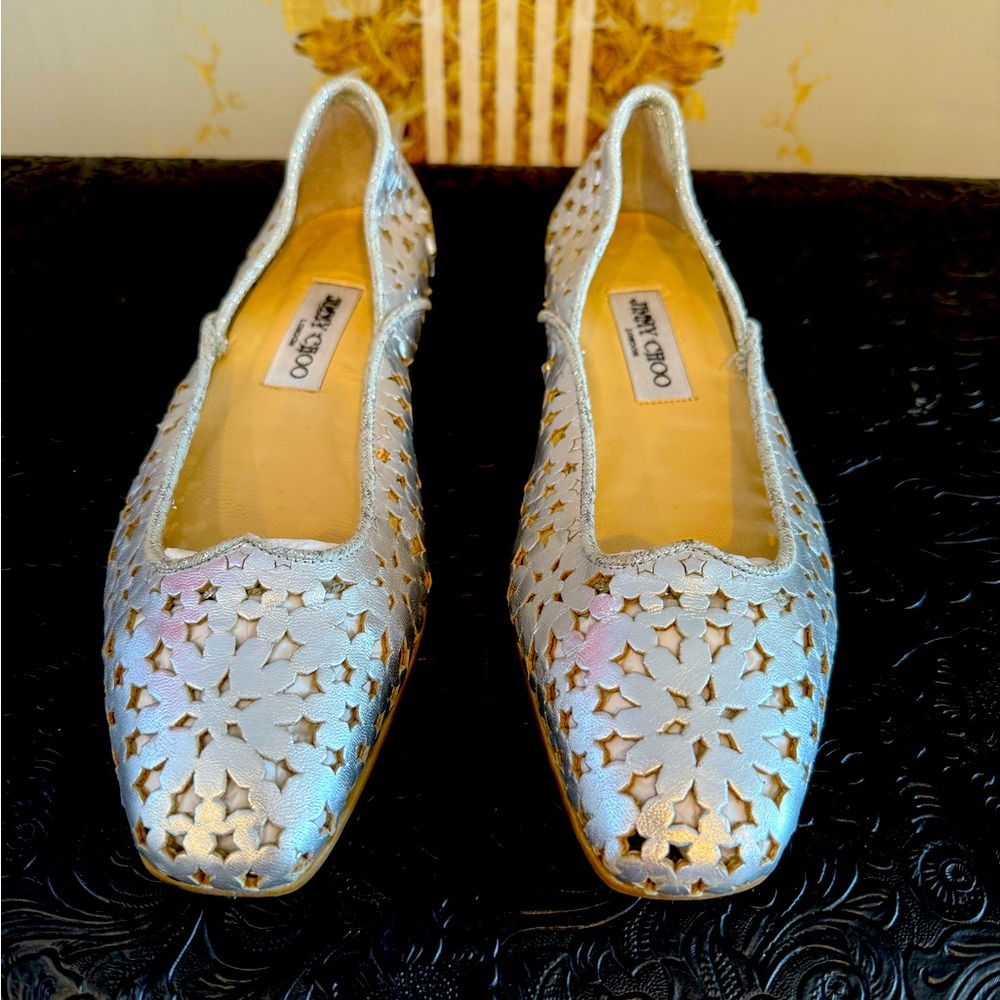 Jimmy Choo silver star cutout metallic ballet flats. Worn only a few times!